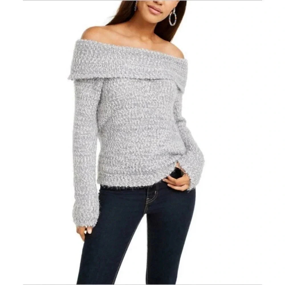 NWT Freshman Grey Off The Shoulder Long Sleeve Fuzzy Eyelash Sweater XS